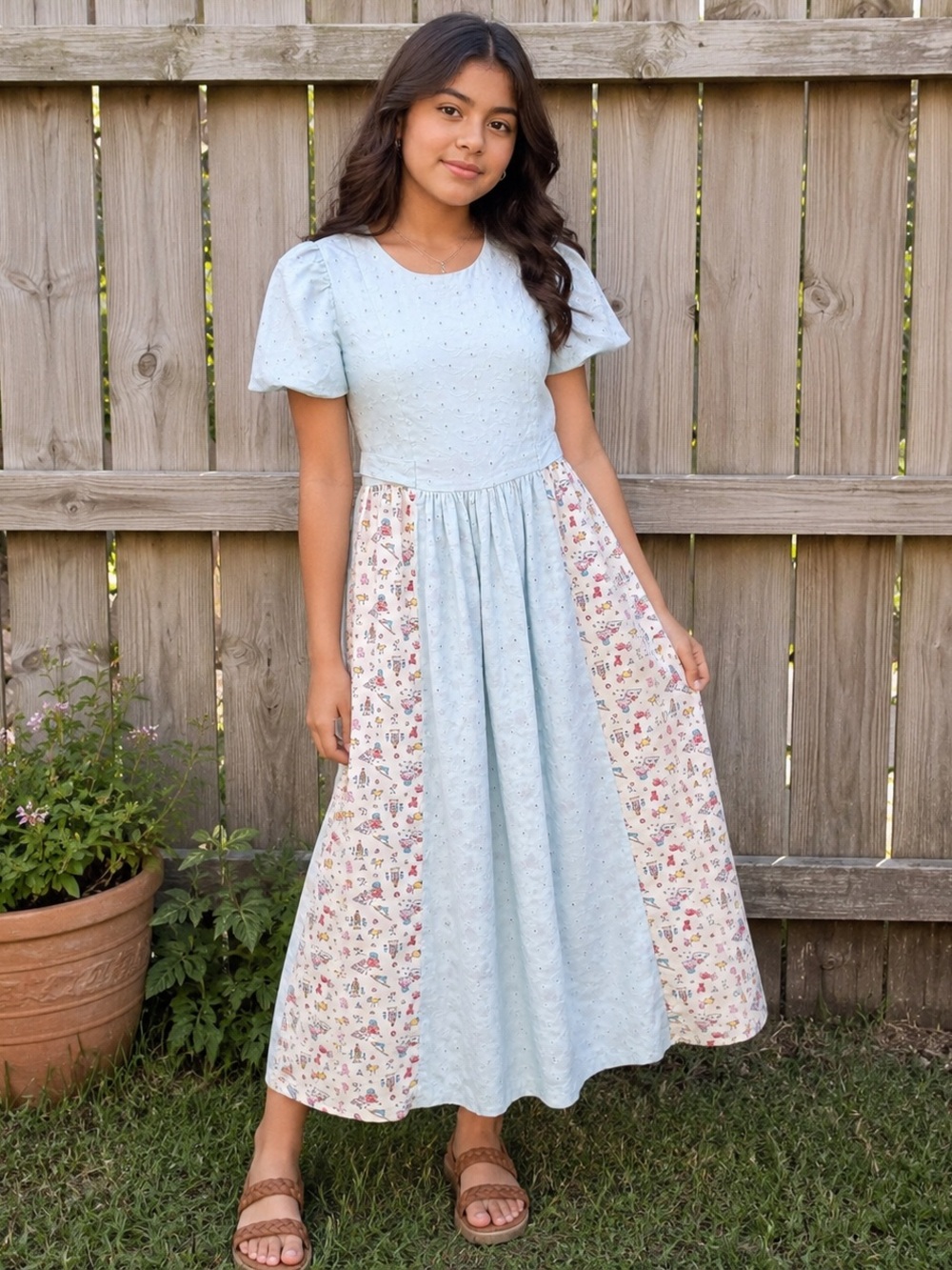 70s Handmade Eclectic Printed Eyelet Maxi Dress Sz. LG/XL